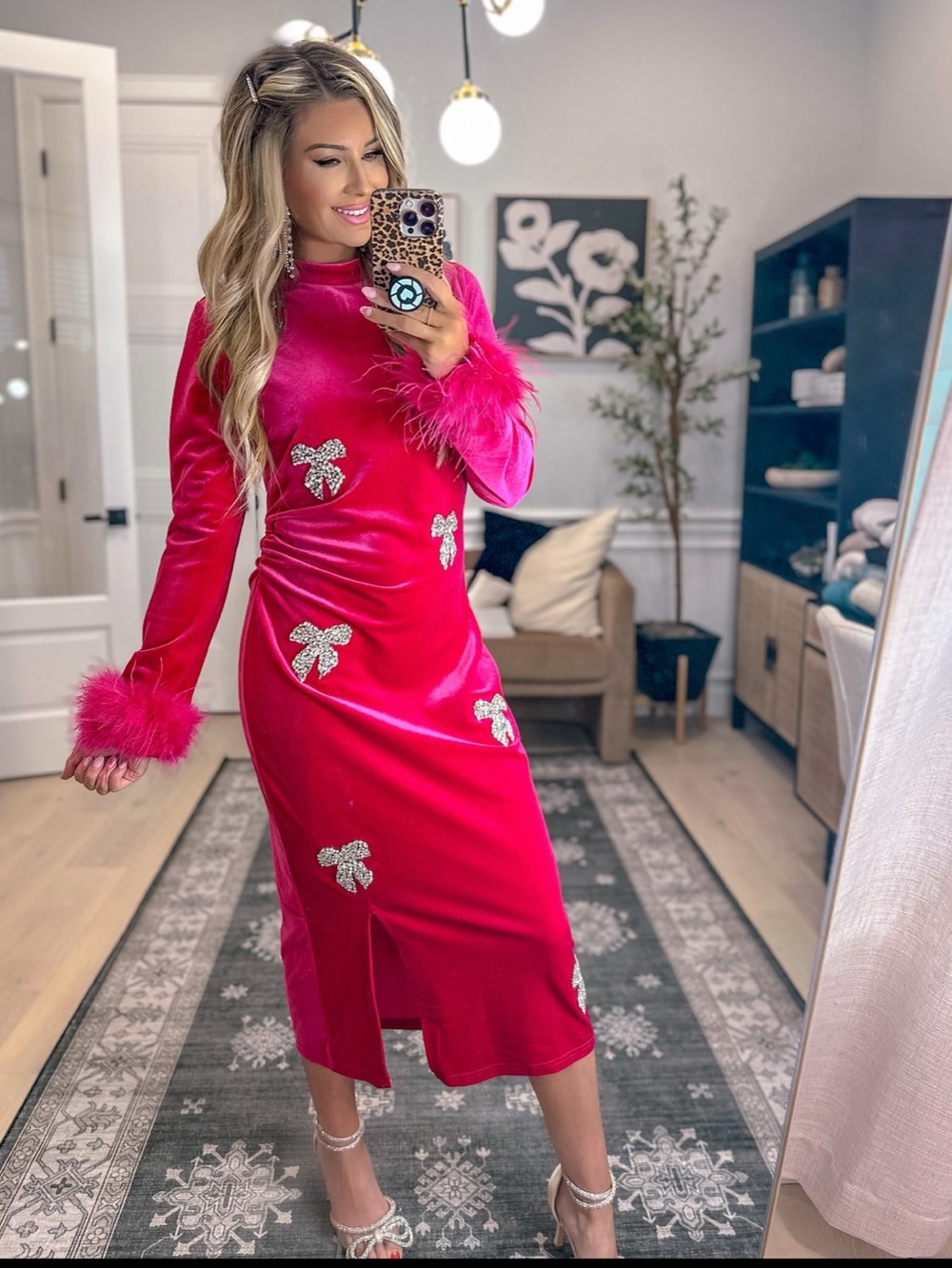 Women's Hot Pink Velvet Midi Dress with Feather Cuffs
